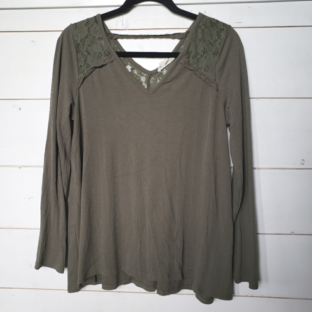 Pink Rose long sleeve womens v-neck shirt khaki green lace detail sz L Fairycore